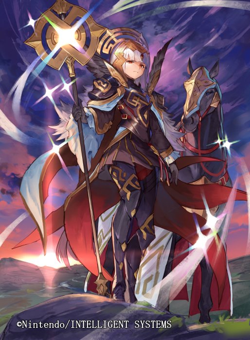 1girl armor black_armor black_gloves closed_mouth clouds company_name copyright_name crown fire_emblem fire_emblem_cipher fire_emblem_heroes full_body gloves grey_hair hair_ornament holding holding_staff horse kureta_(nikogori) long_hair long_sleeves nintendo official_art outdoors red_eyes sky solo staff standing veronica_(fire_emblem) wide_sleeves