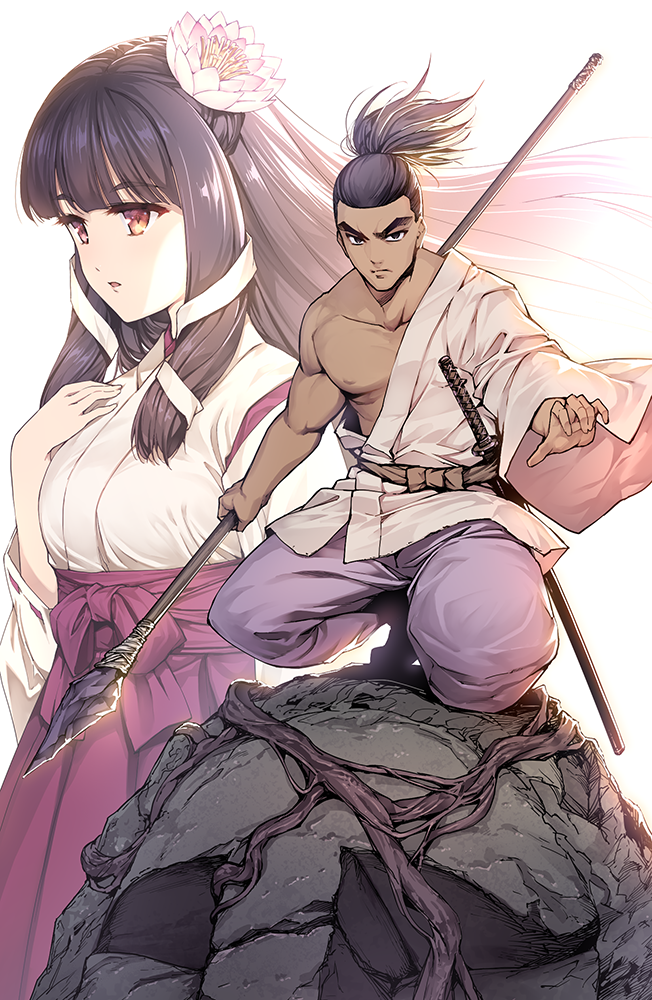 1boy 1girl baggy_pants black_eyes black_hair character_request closed_mouth cowboy_shot dark_skin dark_skinned_male darwin's_game floating_hair flower full_body hadanugi_dousa hair_flower hair_ornament hair_ribbon hakama hand_on_own_chest holding holding_spear holding_weapon japanese_clothes katana kimono long_hair long_sleeves looking_at_viewer looking_away miko official_art pants parted_lips polearm ponytail purple_pants red_eyes red_hakama ribbon rock serious sheath sheathed sidelocks spear squatting statue sword takahata_yuki weapon white_background white_flower wide_sleeves