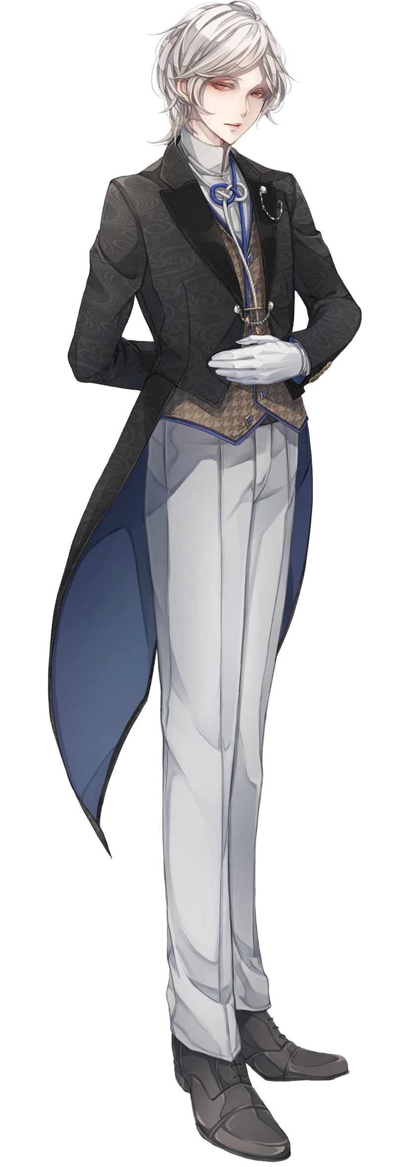 androgynous arm_behind_back baroque_(hanakagami) black_footwear black_suit brown_eyes brown_vest cartolaio full_body gloves grey_pants highres long_hair official_art pants shoes solo standing vest white_gloves white_hair