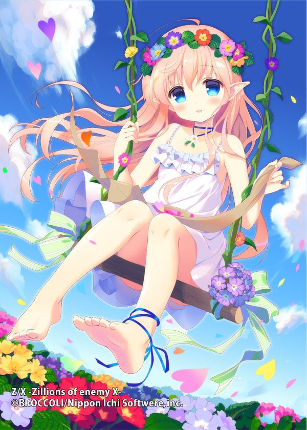 1girl bangs bare_arms bare_shoulders barefoot blonde_hair blue_eyes blue_ribbon blue_sky character_request clouds commentary_request copyright_name day dress eyebrows_visible_through_hair feet flower flower_wreath hair_between_eyes head_tilt head_wreath heart legs long_hair outdoors parted_lips petals pink_flower pointy_ears purple_flower red_flower ribbon santa_matsuri sitting sky sleeveless sleeveless_dress smile soles solo swing very_long_hair watermark white_dress yellow_flower z/x