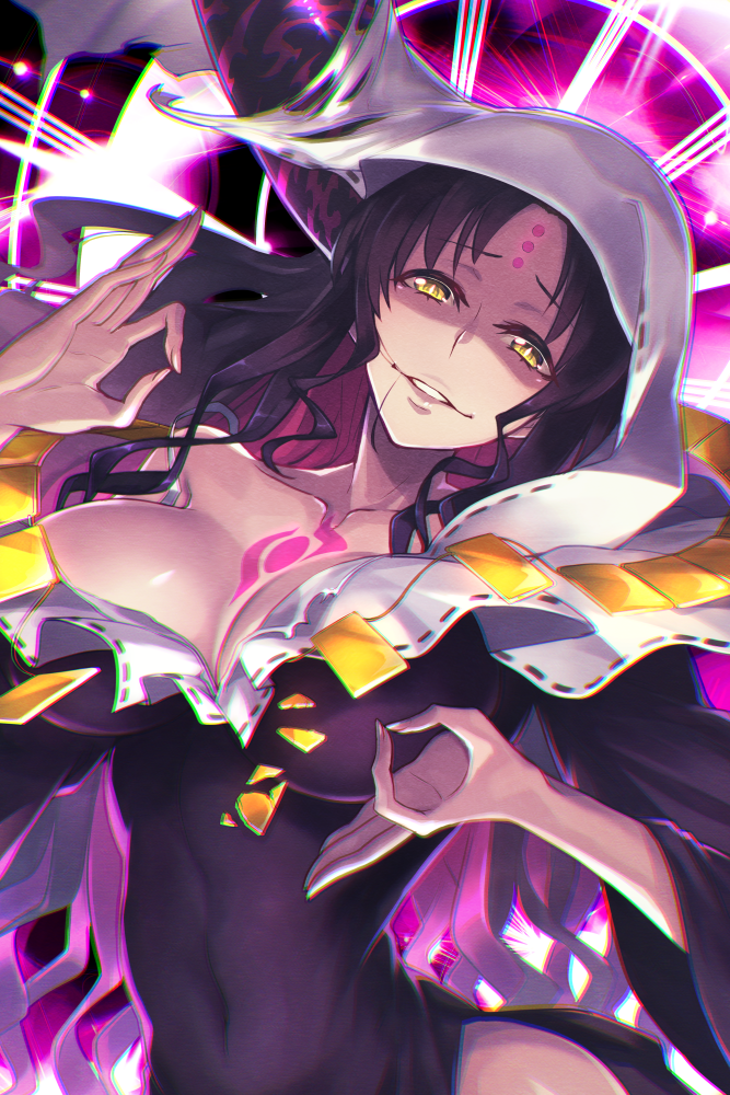 1girl black_hair breasts collarbone commentary_request covered_navel facial_mark fate/grand_order fate_(series) forehead_mark grin habit horns large_breasts long_hair looking_at_viewer nun parted_lips sesshouin_kiara sexually_suggestive shaded_face shiny smile solo tattoo tomoyohi very_long_hair yellow_eyes