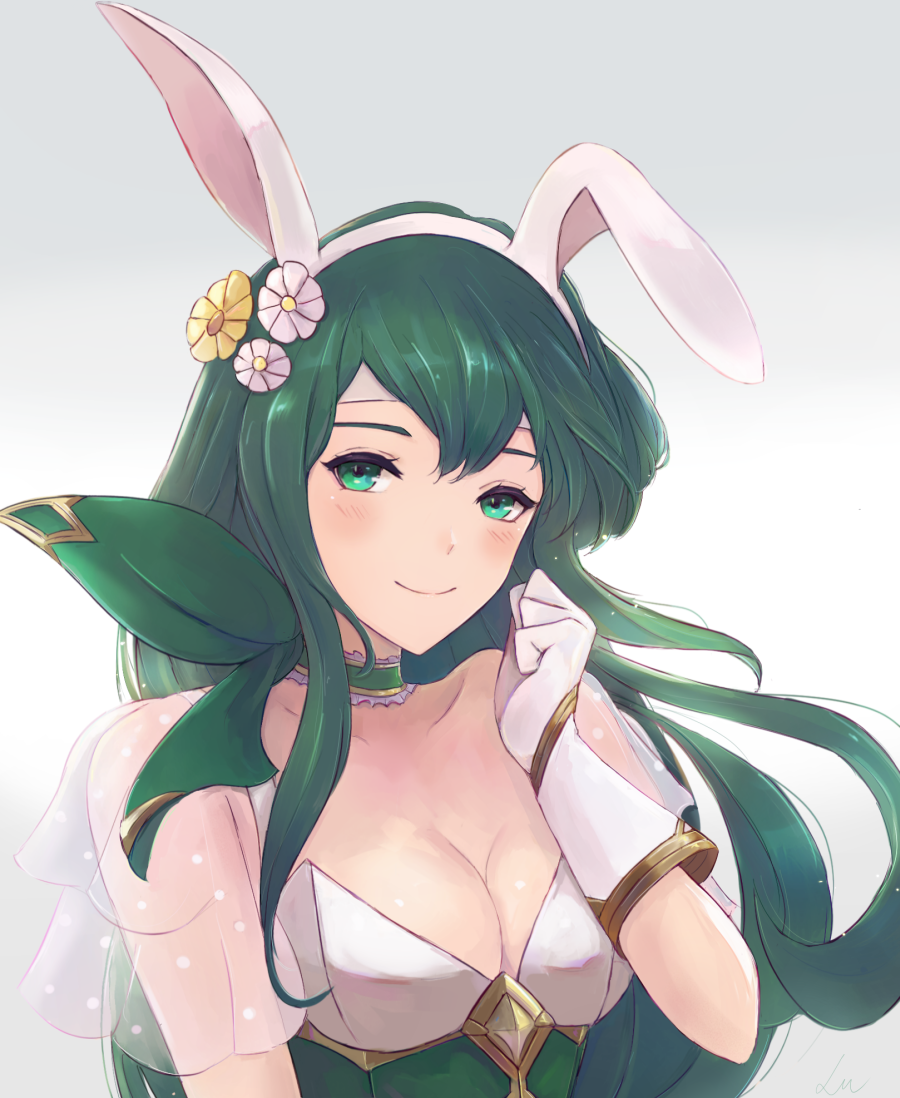 1girl animal_ears breasts choker cleavage closed_mouth fake_animal_ears fire_emblem fire_emblem:_mystery_of_the_emblem fire_emblem_heroes flower frilled_choker frills gloves green_eyes green_hair hair_flower hair_ornament leonmandala long_hair medium_breasts nintendo paola rabbit_ears see-through_sleeves simple_background smile solo upper_body white_gloves