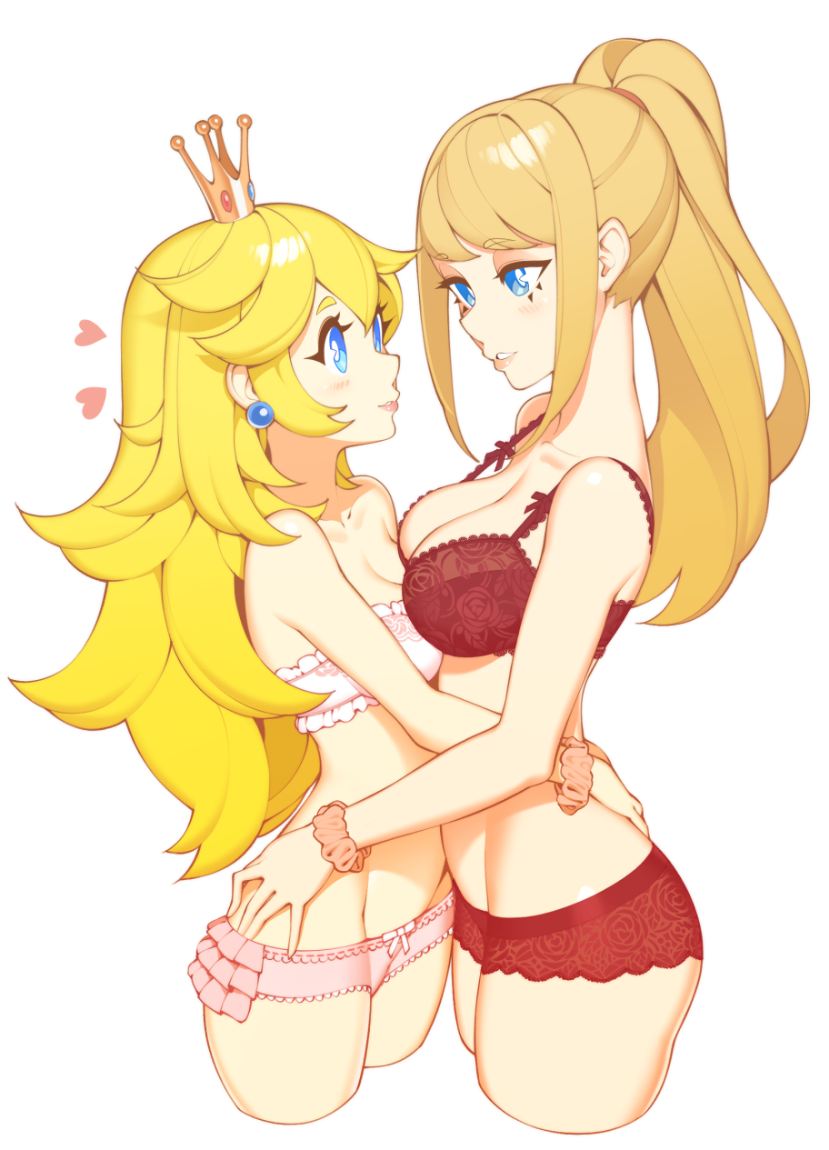 2girls alternate_costume arms_around_waist ass bare_arms bare_shoulders blonde_eyebrows blonde_hair blue_earrings blue_eyes blush bra breasts cleavage collarbone couple cropped_legs crown earrings eye_contact eyebrows_visible_through_hair eyelashes female frilled_bra frilled_panties frills hair_between_eyes halphelt heart highres hug lace lace-trimmed_bra lace-trimmed_lingerie lace-trimmed_panties large_breasts light_blush lingerie lips long_hair looking_at_another medium_breasts metroid mini_crown multiple_girls neck nintendo open_eyes panties parted_lips pink_bra pink_panties ponytail princess_peach red_bra red_panties samus_aran scrunchie simple_background smile standing strapless strapless_bra super_mario_bros. super_smash_bros. super_smash_bros_brawl underwear white_background wrist_scrunchie yuri