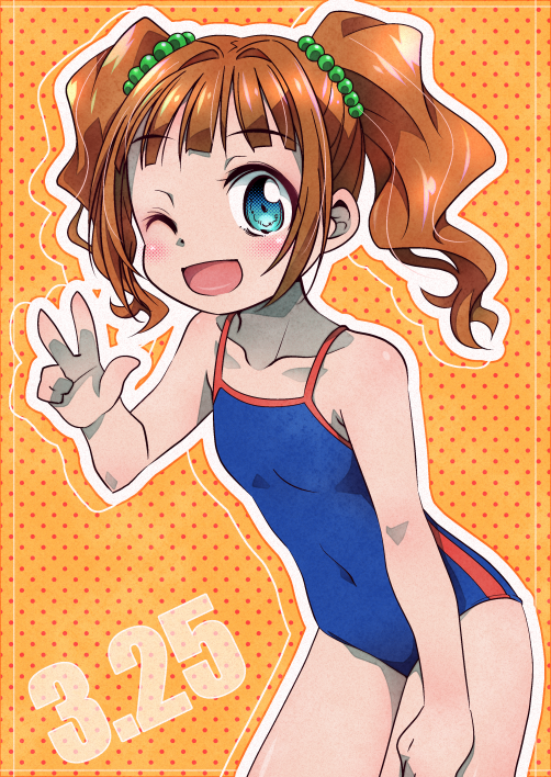 1girl blue_eyes blue_swimsuit brown_hair collarbone competition_swimsuit covered_navel cowboy_shot dated idolmaster idolmaster_(classic) looking_at_viewer one-piece_swimsuit open_mouth orange_background polka_dot polka_dot_background school_swimsuit smile solo standing swimsuit takatsuki_yayoi tommy_region twintails v wavy_hair younger
