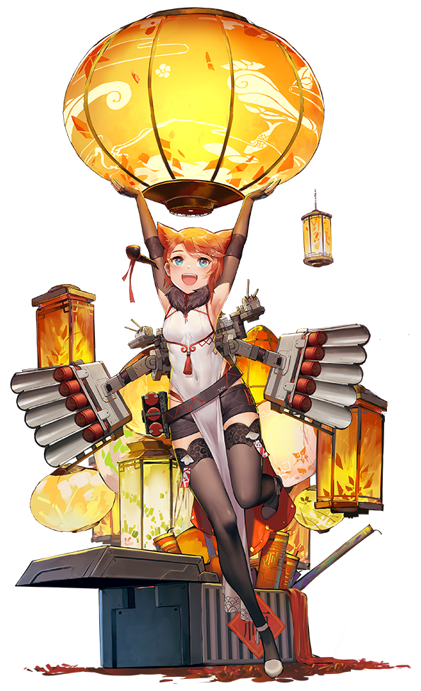 1girl :d animal_ears armpits arms_up belt black_gloves black_legwear blue_eyes breasts china_dress chinese_clothes covered_navel dress elbow_gloves fingerless_gloves full_body gloves hair_ornament hairclip laffey_(warship_girls_r) lantern official_art open_mouth orange_hair pandea_work paper_lantern pelvic_curtain pipe rigging short_hair short_shorts shorts shorts_under_dress small_breasts smile solo standing standing_on_one_leg thigh-highs torpedo_tubes transparent_background warship_girls_r white_dress