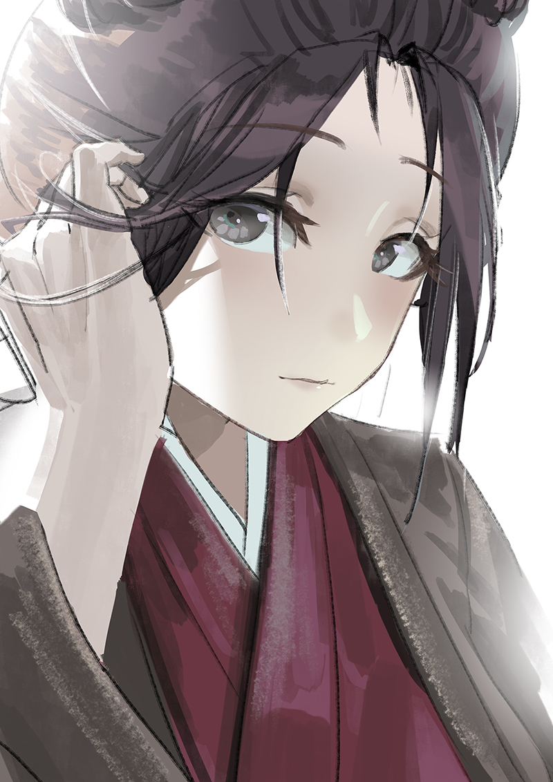 1girl black_eyes black_hair emma_the_gentle_blade eyebrows_visible_through_hair face graphite_(medium) hand_in_hair liyou-ryon looking_at_viewer sekiro:_shadows_die_twice simple_background solo traditional_media upper_body white_background