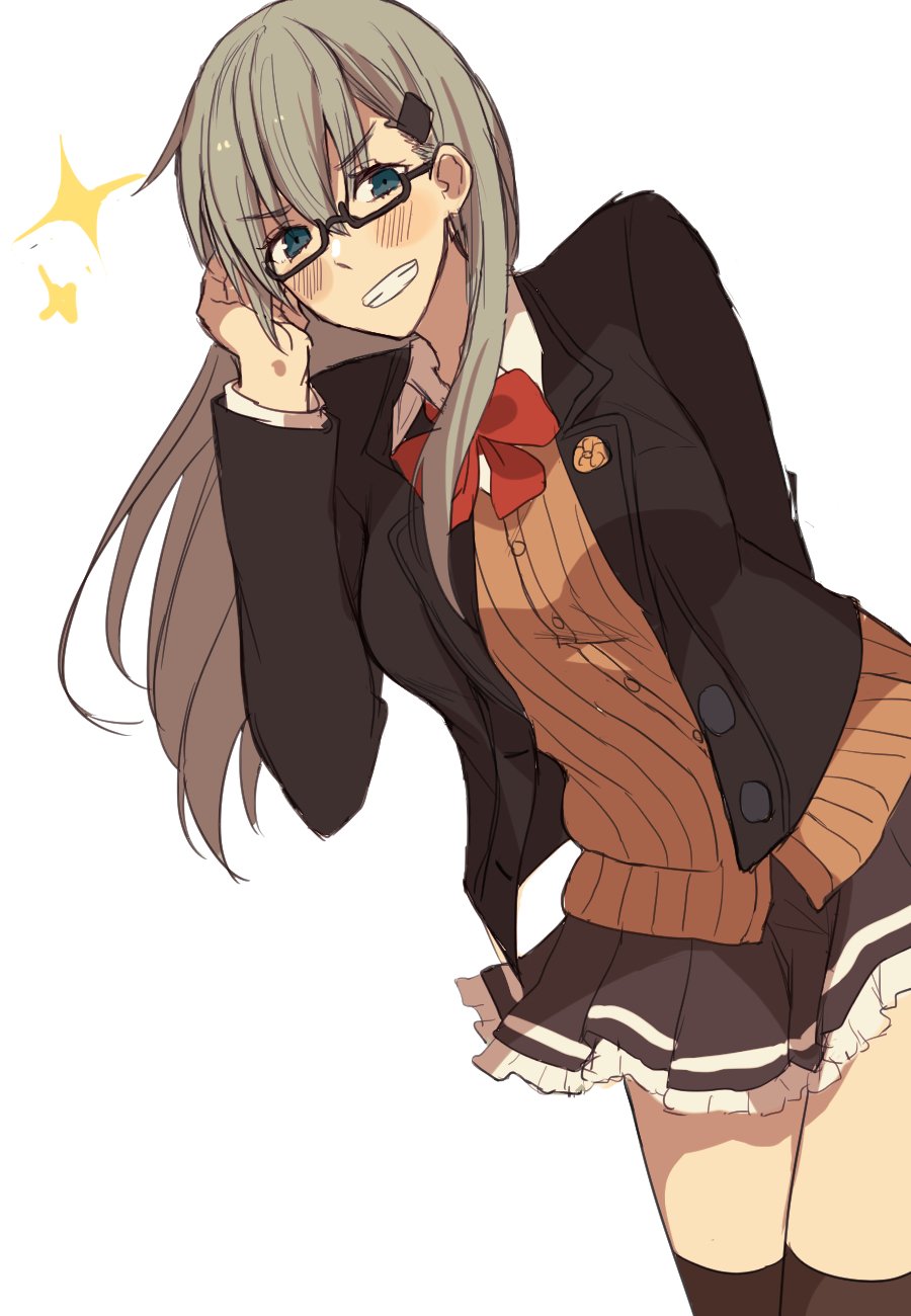 1girl amakaze aqua_hair bespectacled black_jacket blue_eyes blush breasts brown_cardigan collared_shirt frilled_skirt frills glasses grin highres jacket kantai_collection large_breasts leaning_forward long_hair looking_at_viewer oekaki open_clothes open_jacket pleated_skirt remodel_(kantai_collection) shirt sidelocks simple_background sketch skirt smile solo sparkle standing suzuya_(kantai_collection) thigh-highs upper_body white_background white_shirt