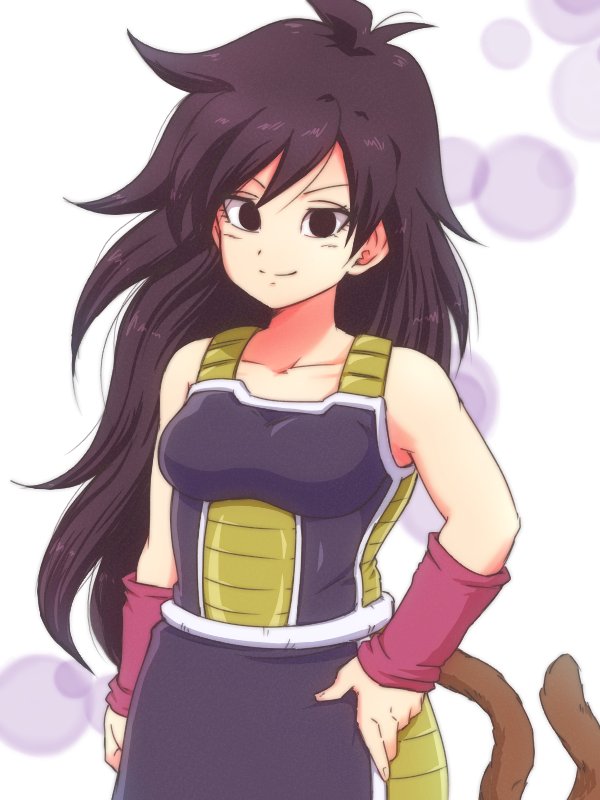 1girl alternate_hair_length alternate_hairstyle arm_at_side armor bada_tomomo bare_arms bare_shoulders black_eyes black_hair bubble commentary_request cowboy_shot dragon_ball dragon_ball_super_broly floating_hair gine hand_on_hip happy long_hair looking_at_viewer simple_background skirt smile solo standing tail white_background wristband