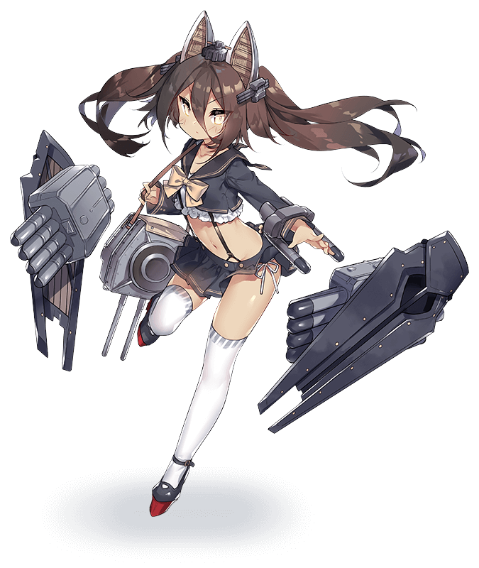 1girl amatsukaze_(warship_girls_r) animal_ears brown_hair dark_skin fake_animal_ears full_body hair_between_eyes hair_ornament long_hair midriff miniskirt navel official_art panties pleated_skirt rigging sailor_collar sailor_shirt saru shirt side-tie_panties skirt solo suspenders thigh-highs transparent_background turret twintails underwear warship_girls_r white_legwear yellow_eyes