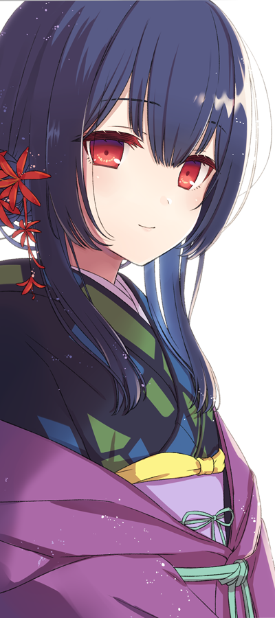 1girl bangs black_kimono blue_hair blush closed_mouth commentary flower hair_between_eyes hair_flower hair_ornament haori idolmaster idolmaster_shiny_colors japanese_clothes kimono long_sleeves looking_at_viewer morino_rinze obi red_eyes sash short_hair sidelocks simple_background smile solo tobade_(tbdfactory) upper_body white_background