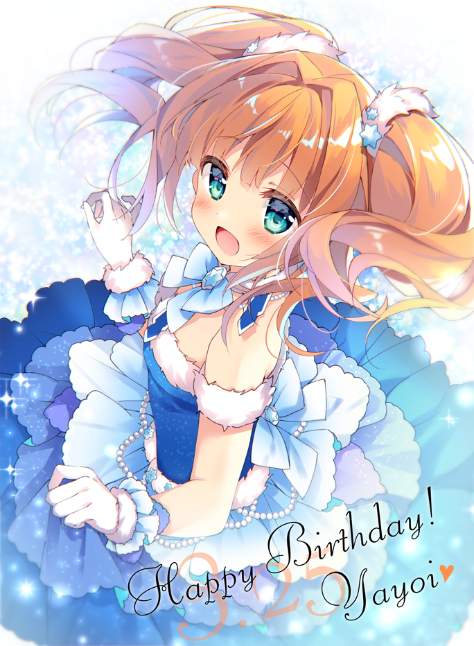 1girl aqua_eyes bangs bare_shoulders birthday blue_bow blue_dress blue_neckwear blush bow bowtie commentary_request dress drill_hair english_text eyebrows_visible_through_hair flower fur_trim gloves hair_intakes hair_ornament happy_birthday idolmaster idolmaster_(classic) jewelry layered_skirt looking_at_viewer looking_up medium_hair necklace open_mouth orange_hair pearl_necklace petals sleeveless sleeveless_dress smile solo suimya takatsuki_yayoi twin_drills twintails upper_body white_gloves