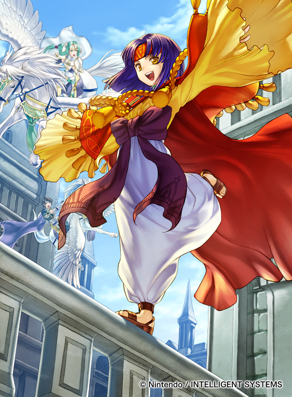 3girls blue_sky brown_hair cape clouds company_name copyright_name day fire_emblem fire_emblem:_souen_no_kiseki fire_emblem_cipher green_hair headband kita_senri leg_up long_sleeves multiple_girls nintendo official_art open_mouth outdoors outstretched_arms pegasus pegasus_knight purple_hair riding robe sanaki_kirsch_altina sandals short_hair sigrun sky sleeves_past_fingers sleeves_past_wrists spread_arms tanith yellow_eyes