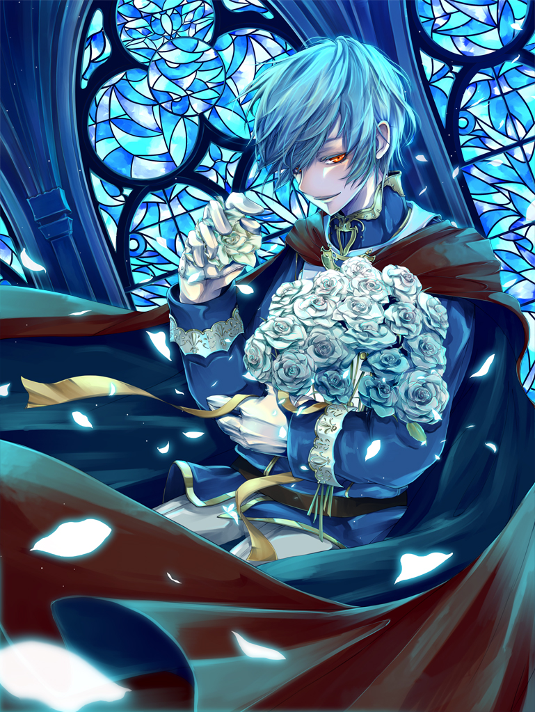 1boy blue_hair bouquet cape cartolaio flower gloves holding holding_bouquet indoors long_sleeves looking_at_viewer male_focus orange_eyes original petals red_cape smirk solo stained_glass standing white_gloves