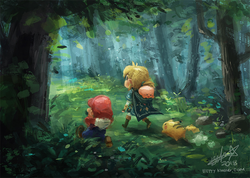 2boys 2others arms_behind_head bettykwong blue_overalls blue_shirt carrying chibi creatures_(company) facing_away forest game_freak gen_1_pokemon grass hal_laboratory_inc. hoshi_no_kirby kirby kirby_(series) light_rays link mario super_mario_bros. mouse nature nintendo painting piggyback pikachu pink_puff_ball pokemon pokemon_(creature) red_shirt shirt sora_(company) sunbeam sunlight super_mario_bros. super_smash_bros. super_smash_bros._ultimate super_smash_bros_64 the_legend_of_zelda the_legend_of_zelda:_breath_of_the_wild tree