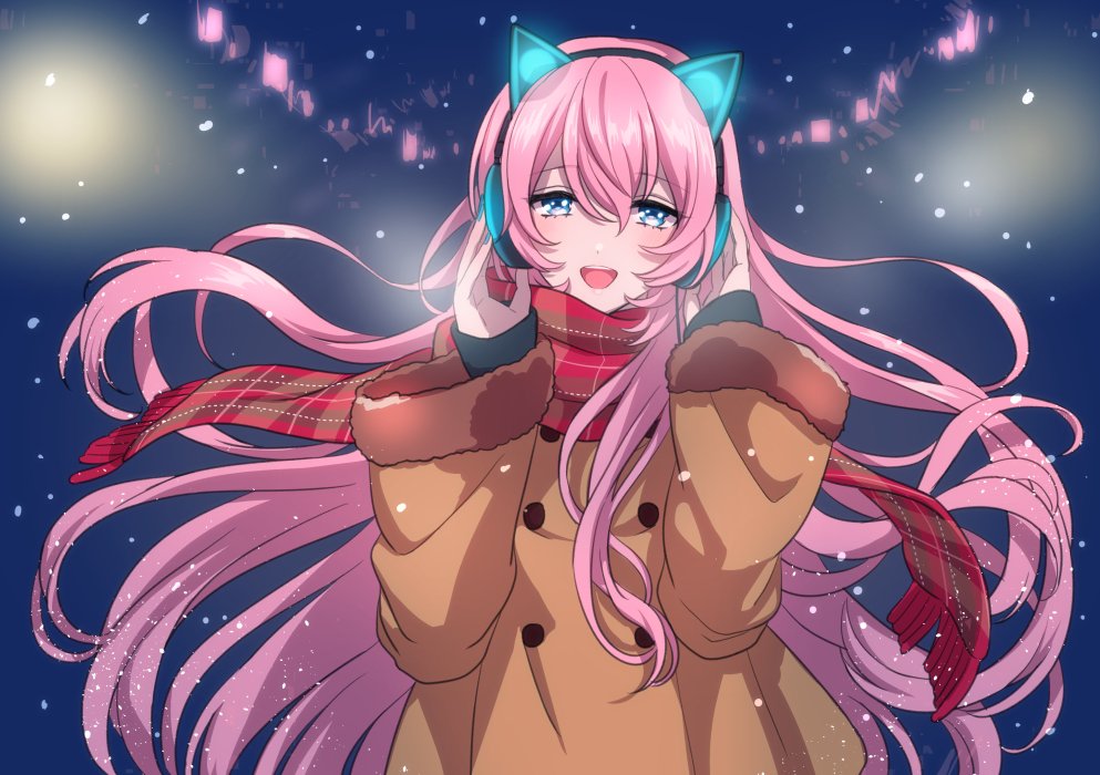 1girl akiyoshi_(tama-pete) animal_ears blue_eyes blue_nails brown_coat cat_ear_headphones cat_ears coat eyebrows_visible_through_hair fingernails floating_hair fur-trimmed_sleeves fur_trim hands_on_headphones happy headphones long_hair looking_at_viewer megurine_luka nail_polish night open_mouth outdoors pink_hair red_scarf scarf smile snow snowing solo upper_teeth very_long_hair vocaloid