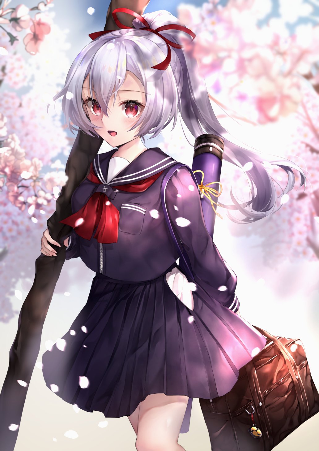 1girl alternate_costume arm_behind_back bag black_shirt black_skirt blurry blurry_background blush breasts brown_bag cherry_blossoms commentary_request eyebrows_visible_through_hair fate/grand_order fate_(series) hair_between_eyes hair_ornament hane_yuki headband highres holding holding_sword holding_weapon long_hair long_sleeves looking_at_viewer outdoors pleated_skirt ponytail red_eyes ribbon sailor_collar shirt silver_hair skirt solo sword tomoe_gozen_(fate/grand_order) weapon yellow_ribbon