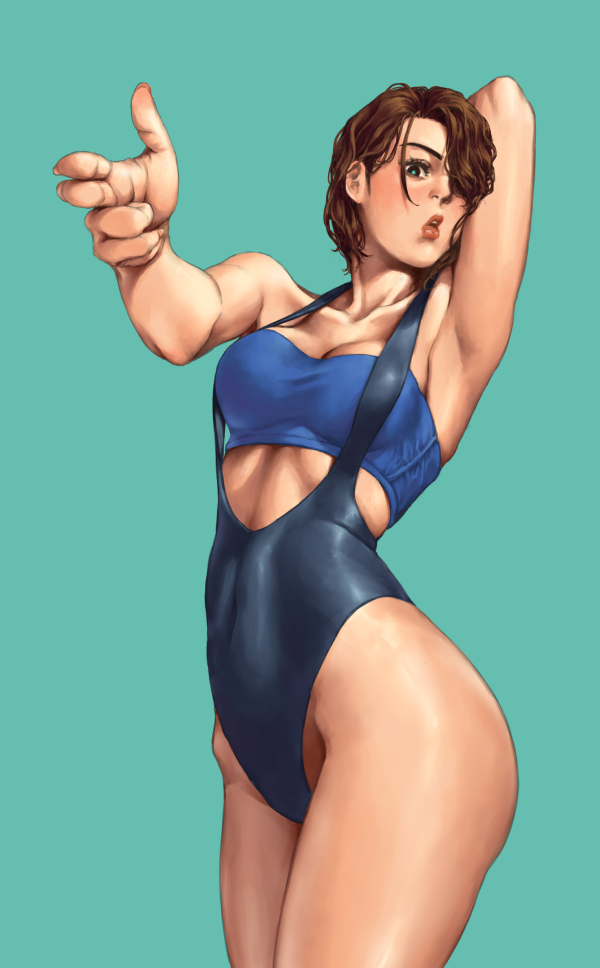 1girl artist_request brown_hair capcom jill_valentine long_hair looking_at_viewer navel one-piece_swimsuit resident_evil resident_evil_3 short_hair solo swimsuit