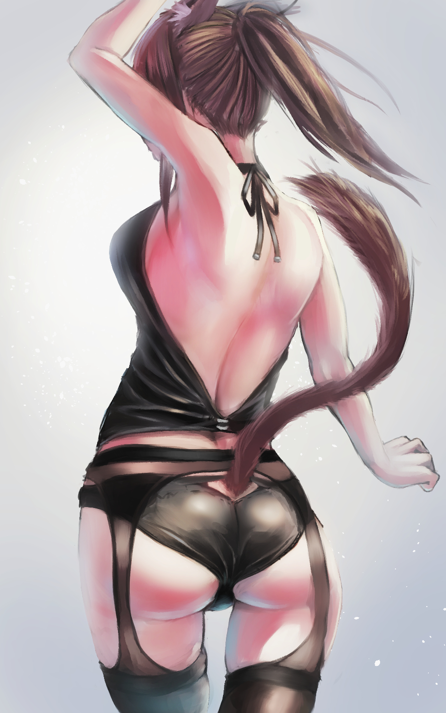1girl akaha_06 animal_ears arm_up back bare_arms bare_back bare_shoulders breasts brown_hair cat_ears cat_girl cat_tail facing_away final_fantasy final_fantasy_xiv from_behind hidden_face highres long_hair miqo'te nape solo tail tail_raised