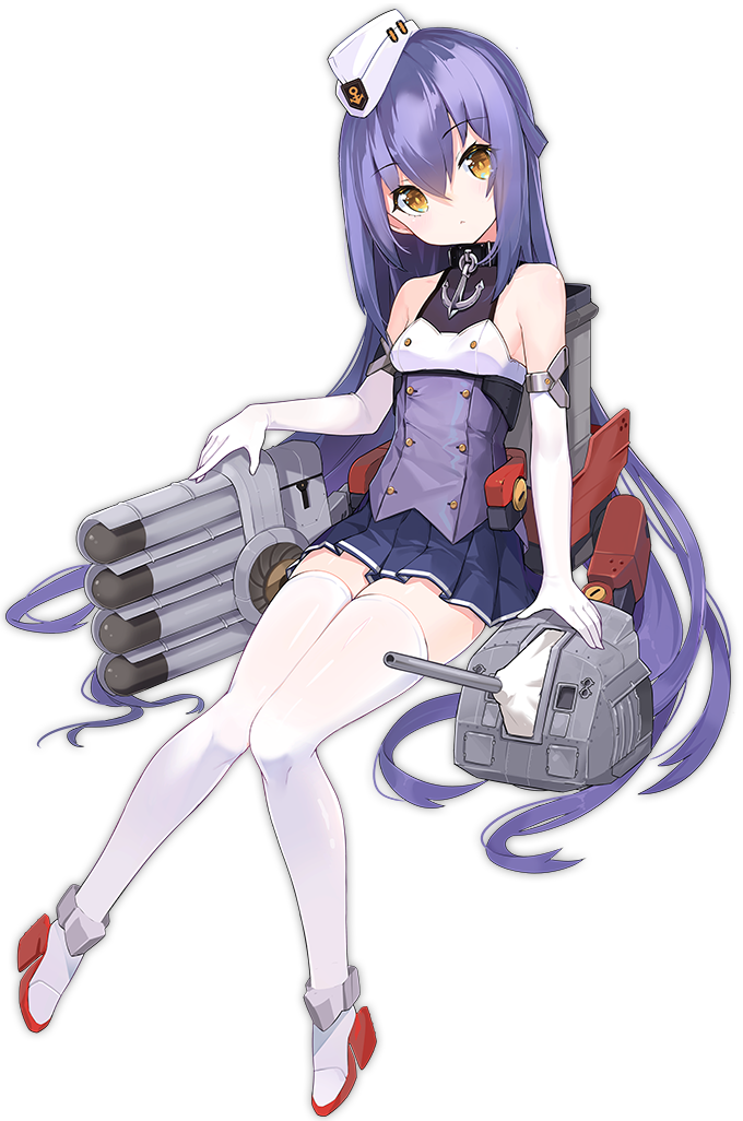 1girl :t artist_request azur_lane bangs bare_shoulders black_skirt blush breasts brown_eyes cannon closed_mouth dewey_(azur_lane) elbow_gloves eyebrows_visible_through_hair garrison_cap gloves hair_between_eyes hat head_tilt long_hair machinery official_art pleated_skirt purple_hair rigging rudder_footwear skirt small_breasts thigh-highs torpedo torpedo_tubes transparent_background turret underbust very_long_hair white_footwear white_gloves white_headwear white_legwear