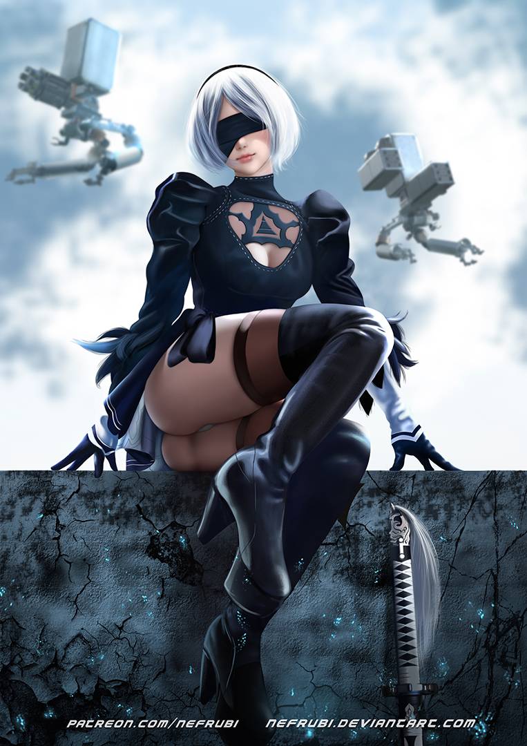 1girl black_blindfold black_dress black_hairband blindfold blurry blurry_background boots breasts cleavage_cutout covered_eyes day dress facing_viewer feather-trimmed_sleeves hairband high_heel_boots high_heels juliet_sleeves leather leather_boots long_sleeves medium_breasts nefrubi nier_(series) nier_automata patreon_username pink_lips pod_(nier_automata) puffy_long_sleeves puffy_sleeves silver_hair sitting smile sword thigh-highs thigh_boots thighhighs_under_boots watermark weapon web_address white_hair yorha_no._2_type_b