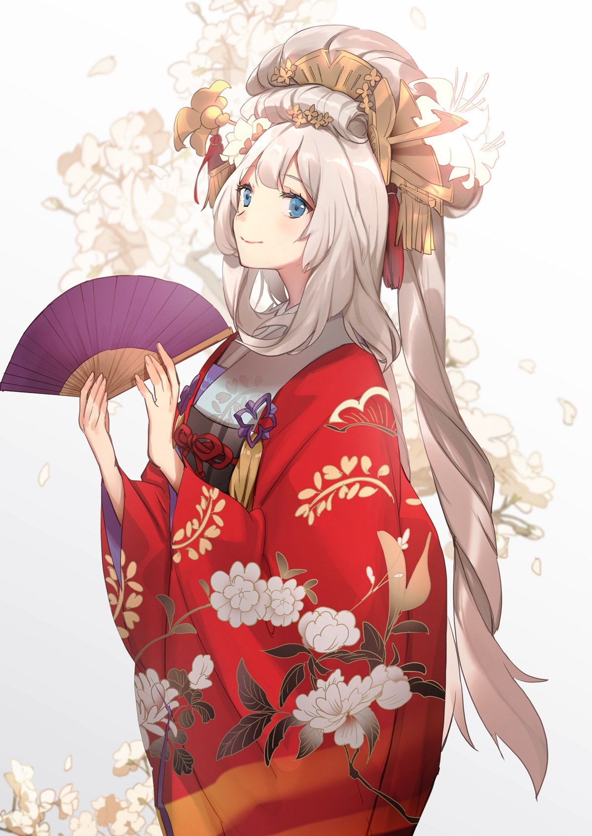 1girl blonde_hair blue_eyes cherry_blossoms fan fate/grand_order fate_(series) floral_print folding_fan furisode highres holding holding_fan japanese_clothes kimono long_hair looking_at_viewer marie_antoinette_(fate/grand_order) no-kan obi obijime print_kimono red_kimono sash simple_background smile solo very_long_hair wide_sleeves