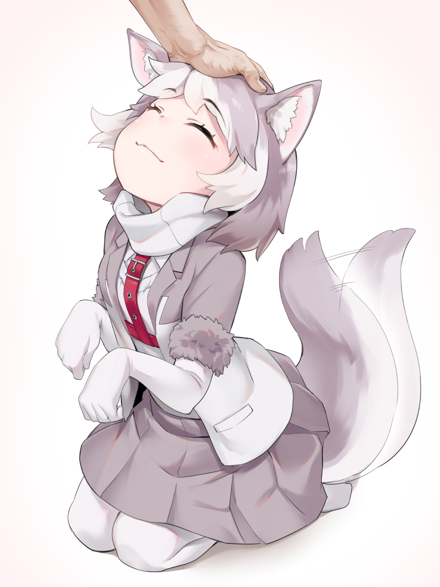 1girl ^_^ afterimage animal_ear_fluff animal_ears asutora bangs blazer blush closed_eyes closed_eyes commentary dog_(kemono_friends) dog_ears dog_tail elbow_gloves eyebrows_visible_through_hair fur-trimmed_sleeves fur_trim gloves grey_background grey_hair grey_jacket grey_skirt highres jacket kemono_friends miniskirt multicolored_hair necktie pantyhose paw_pose petting pleated_skirt red_neckwear scarf seiza shirt short_hair short_sleeves silver_hair simple_background sitting skirt smile solo_focus tail tail_wagging white_gloves white_legwear white_scarf white_shirt