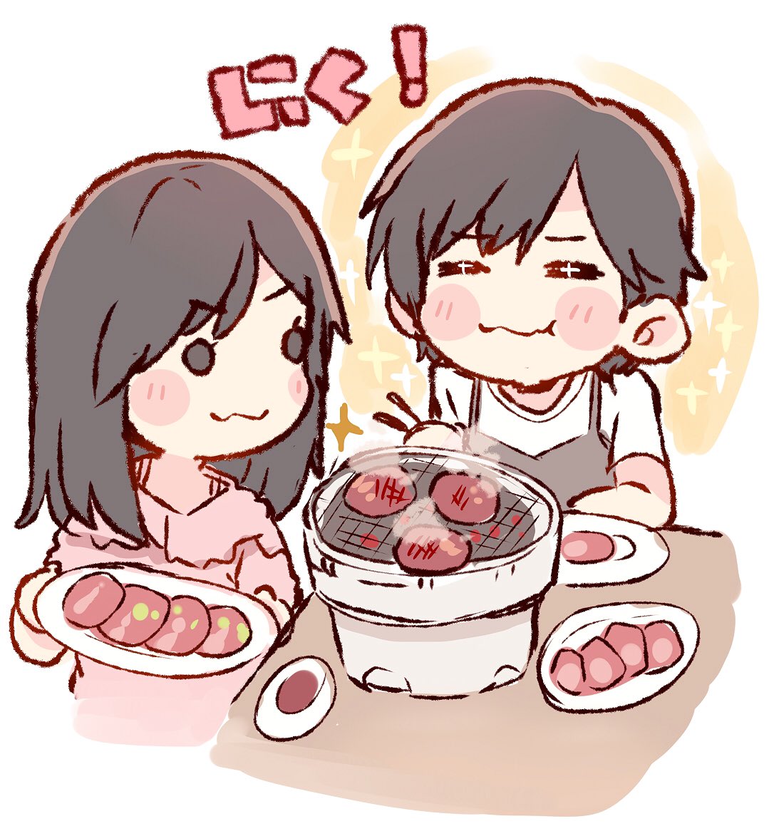 2girls :3 akb48 apron black_apron black_hair blush chibi chopsticks commentary_request eating food grill holding holding_plate long_hair meat multiple_girls okada_nana pink_shirt plate real_life shichirin shirt short_hair short_sleeves sparkle table taneda_yuuta taniguchi_megu v-shaped_eyebrows white_shirt