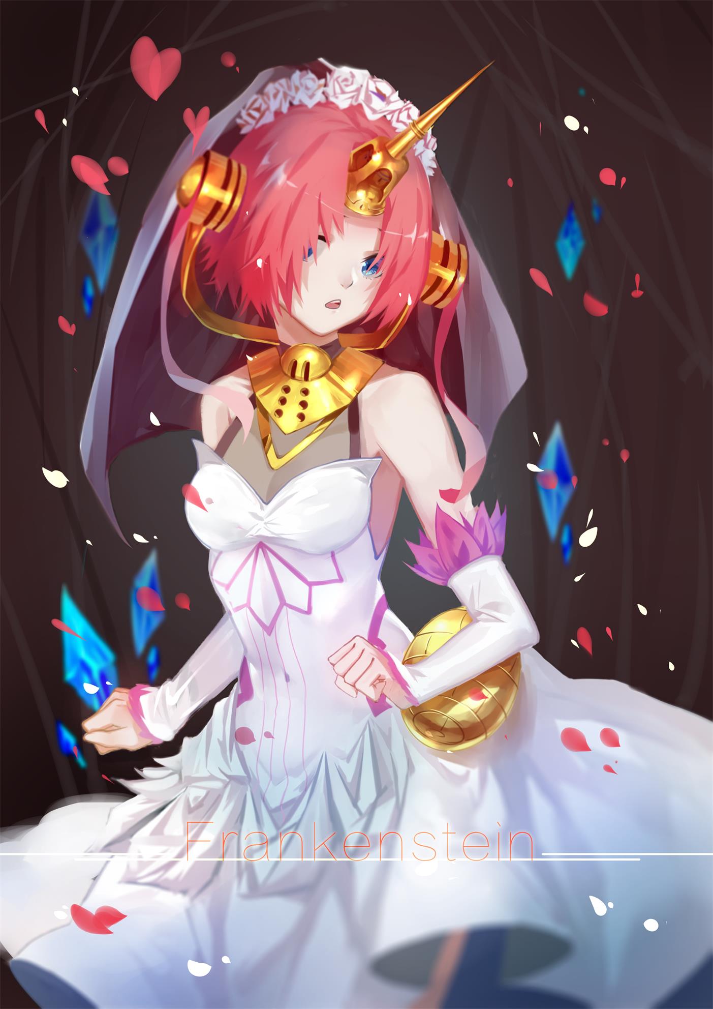 1girl blue_eyes breasts character_name cleavage detached_sleeves dress erlge fate/apocrypha fate_(series) frankenstein's_monster_(fate) hair_over_one_eye highres horn long_sleeves medium_breasts open_mouth pink_hair short_hair sleeveless sleeveless_dress solo standing wedding_dress white_dress white_sleeves