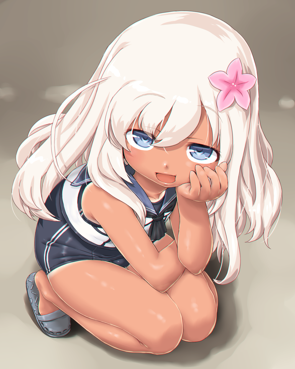 1girl bangs blonde_hair blue_eyes blush collarbone crop_top dd_(ijigendd) eyebrows_visible_through_hair flower full_body hair_between_eyes hair_flower hair_ornament hand_on_own_cheek highres kantai_collection long_hair looking_at_viewer one-piece_swimsuit open_mouth pink_flower ro-500_(kantai_collection) sailor_collar school_swimsuit school_uniform simple_background sleeveless smile solo squatting swimsuit swimsuit_under_clothes tan tanline