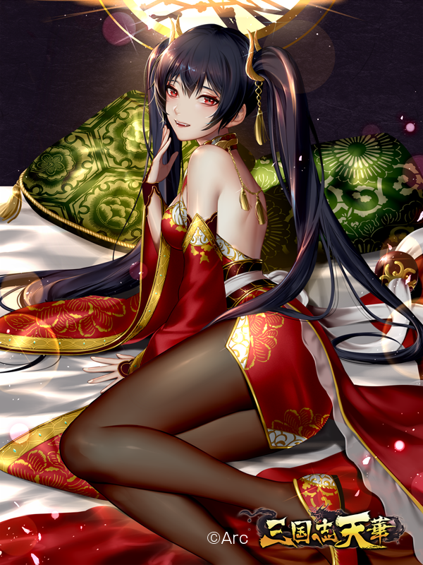 arm_support ass back bangs bare_shoulders black_hair blush brown_legwear choker detached_sleeves dress glint gold_trim hair_between_eyes hair_ornament hand_up inanome_me japanese_clothes kimono light_particles long_hair looking_at_viewer lying official_art on_side open_mouth pantyhose pillow red_dress red_eyes red_kimono red_lips sangokushi_tenka shoes sidelocks smile thighs twintails very_long_hair watermark zhao_yun_(sangokushi_tenka)