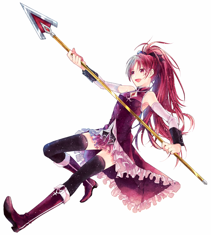 1girl :d black_legwear black_ribbon boots detached_sleeves hair_ribbon high_ponytail holding holding_spear holding_weapon knee_boots leg_up long_sleeves mahou_shoujo_madoka_magica miniskirt open_mouth pink_skirt pink_sleeves pleated_skirt polearm red_eyes red_footwear redhead ribbon sakura_kyouko simple_background skirt smile solo spear thigh-highs washi_(micino) weapon white_background zettai_ryouiki