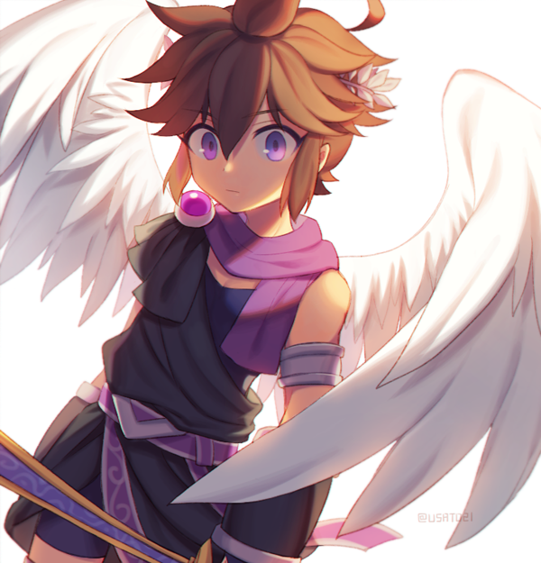 1boy alternate_color angel_wings bracer brown_hair dark_persona feathers gloves jewelry kid_icarus looking_at_viewer male_focus nintendo pit_(kid_icarus) short_hair simple_background solo tiara violet_eyes wings wusagi2