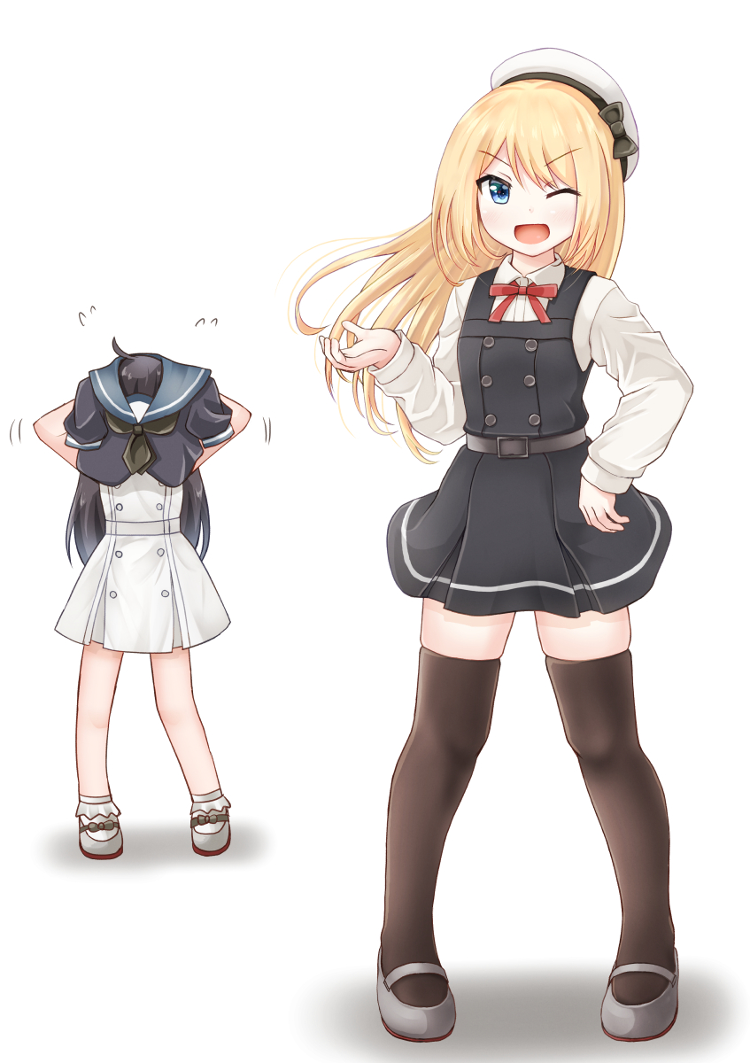 2girls ;d ahoge asashio_(kantai_collection) asashio_(kantai_collection)_(cosplay) black_hair black_legwear blonde_hair blue_eyes blue_sailor_collar comiching cosplay costume_switch dress eyebrows_visible_through_hair full_body grey_footwear hat highres jervis_(kantai_collection) jervis_(kantai_collection)_(cosplay) kantai_collection long_hair long_sleeves looking_at_viewer mary_janes multiple_girls one_eye_closed open_mouth pinafore_dress remodel_(kantai_collection) sailor_collar sailor_dress sailor_hat shirt shoes simple_background smile thigh-highs v-shaped_eyebrows white_background white_dress white_shirt