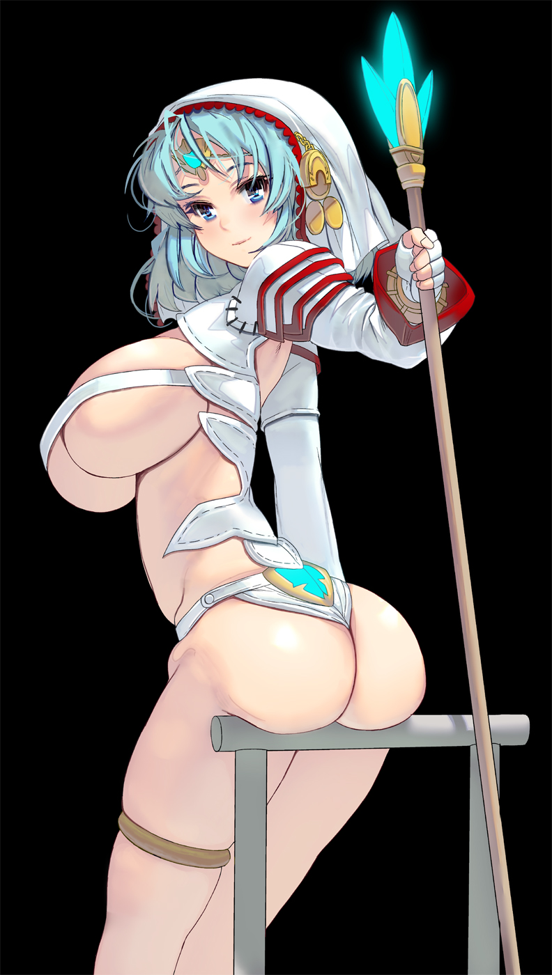 1girl aqua_hair ass bangs black_background blue_eyes blush breasts circlet fingerless_gloves gloves highres holding holding_staff large_breasts masao original revealing_clothes short_hair shoulder_armor sitting smile solo staff thighlet white_gloves