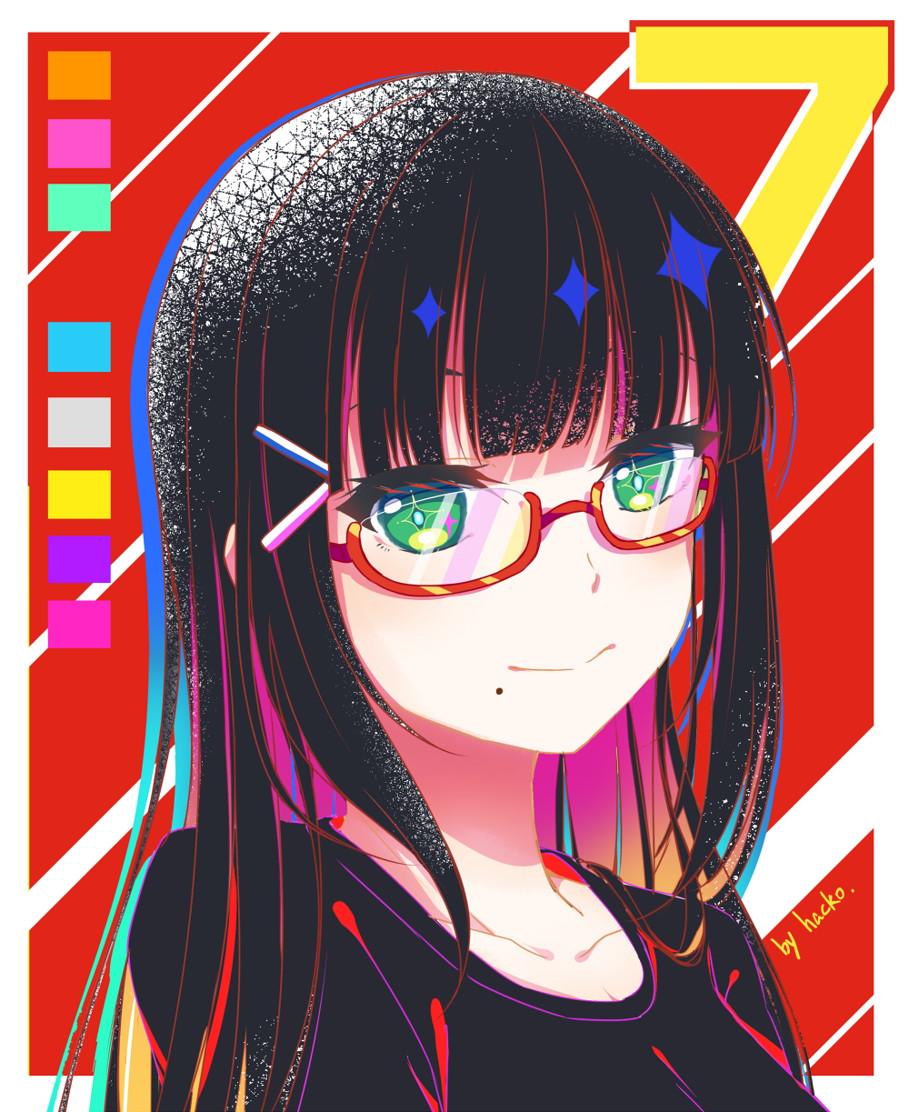 1girl artist_name bangs bespectacled black_hair black_shirt blunt_bangs closed_mouth collarbone commentary_request glasses hacko highres kurosawa_dia long_hair looking_at_viewer love_live! love_live!_sunshine!! mole mole_under_mouth multicolored_hair number pink_hair portrait red-framed_eyewear red_background semi-rimless_eyewear shirt smile solo two-tone_background two-tone_hair under-rim_eyewear