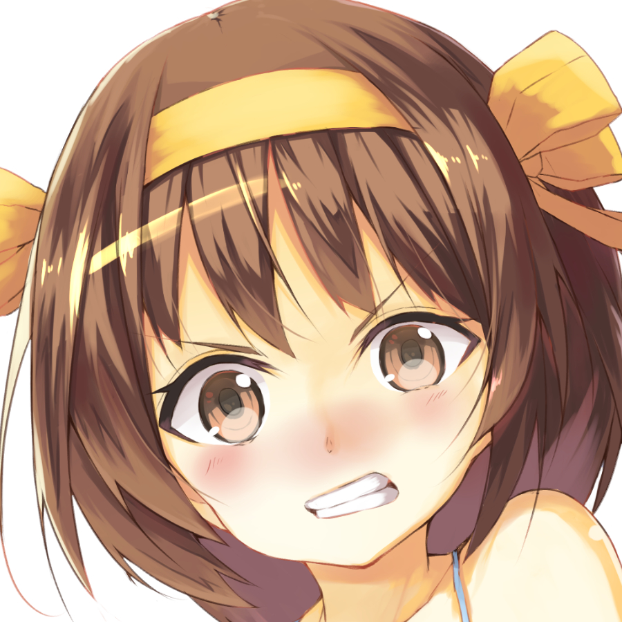 1girl blush bow brown_eyes brown_hair clenched_hand collarbone hair_bow hairband looking_at_viewer portrait short_hair solo suzumiya_haruhi suzumiya_haruhi_no_yuuutsu tsuru_(tsubasa1993621) v-shaped_eyebrows yellow_bow yellow_hairband