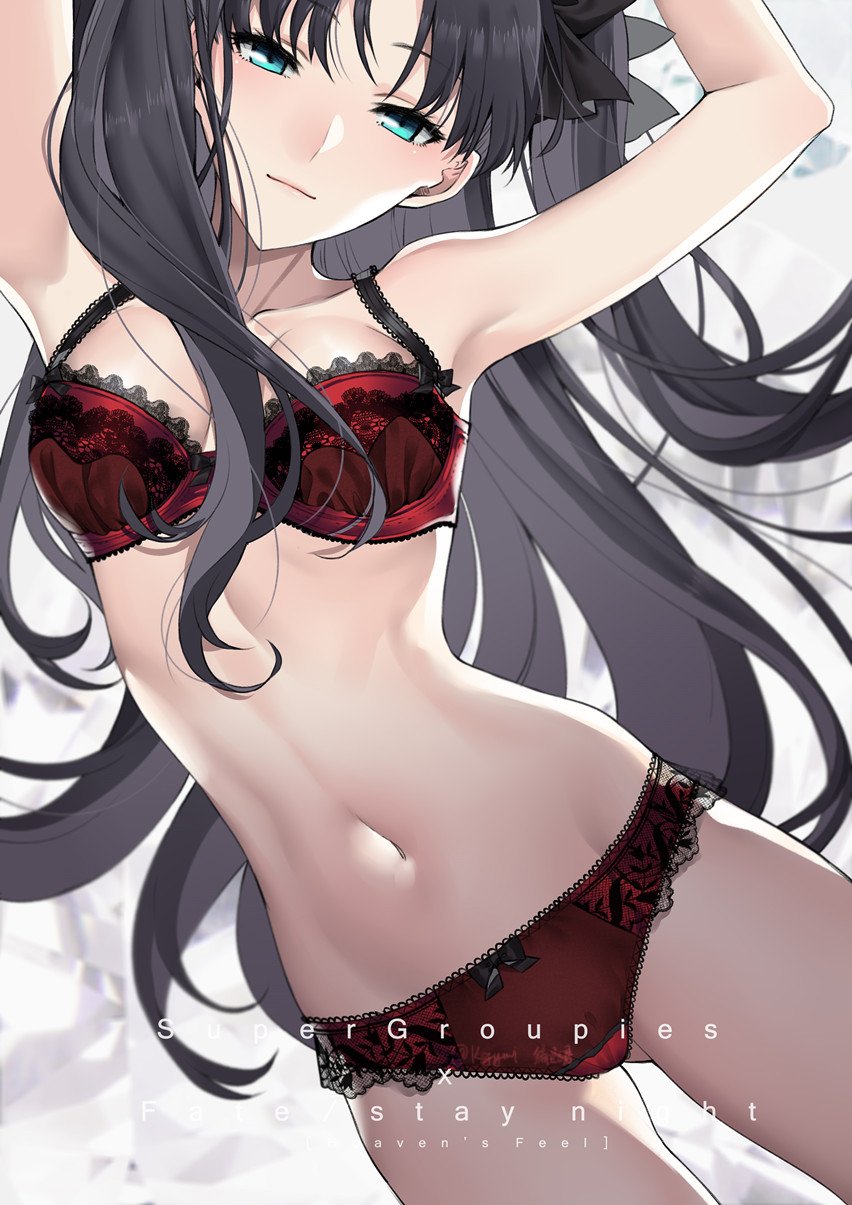 1girl armpits arms_up ass_visible_through_thighs bangs bare_shoulders black_hair black_ribbon blue_eyes blush bra breasts closed_mouth collarbone fate/stay_night fate_(series) groin hair_ribbon highres lace lace-trimmed_bra lace-trimmed_panties lingerie long_hair looking_at_viewer medium_breasts navel panties red_bra red_panties ribbon ribbon-trimmed_bra ribbon-trimmed_panties sidelocks smile solo stomach thighs tohsaka_rin two_side_up underwear yaoshi_jun