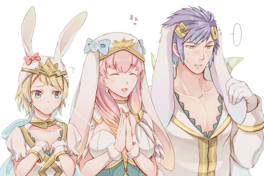 1boy 2girls alternate_costume animal_ears blonde_hair blue_eyes blue_hair breast_envy brother_and_sister closed_eyes closed_mouth crown earrings est_tm fake_animal_ears fire_emblem fire_emblem_heroes fjorm_(fire_emblem_heroes) gloves gradient_hair gunnthra_(fire_emblem) hair_ornament hrid_(fire_emblem_heroes) jewelry long_hair long_sleeves multicolored_hair multiple_girls nintendo open_mouth own_hands_together parted_lips pink_hair rabbit_ears short_hair siblings silver_hair simple_background sisters spiky_hair upper_body veil white_background white_gloves