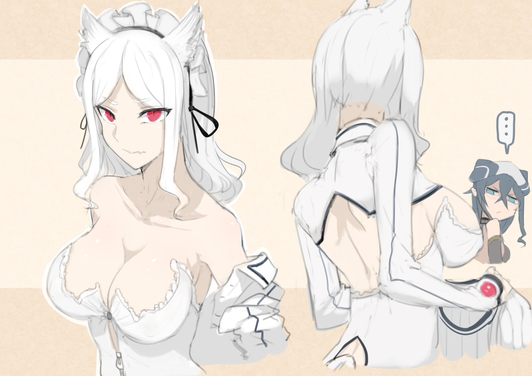 ... 2girls animal_ears bangs bare_shoulders beret black_hair blue_eyes breasts cleavage hat large_breasts long_hair looking_at_viewer maid_headdress medium_breasts multiple_girls original parted_bangs red_eyes sleeveless spoken_ellipsis undressing walzrj white_hair