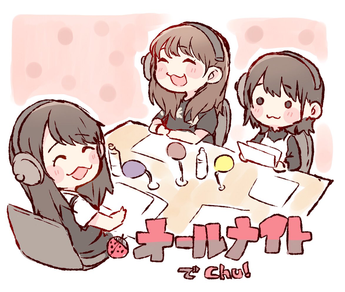 3girls :3 :d ^_^ akb48 bangs black_eyes black_hair blush_stickers bottle brown_hair bug chair chibi closed_eyes closed_eyes headphones hkt48 holding holding_paper insect kojima_mako ladybug long_hair microphone multiple_girls nmb48 o_o open_mouth paper real_life recording_studio shibuya_nagisa single_headphone sitting smile table taneda_yuuta tomonaga_mio water_bottle