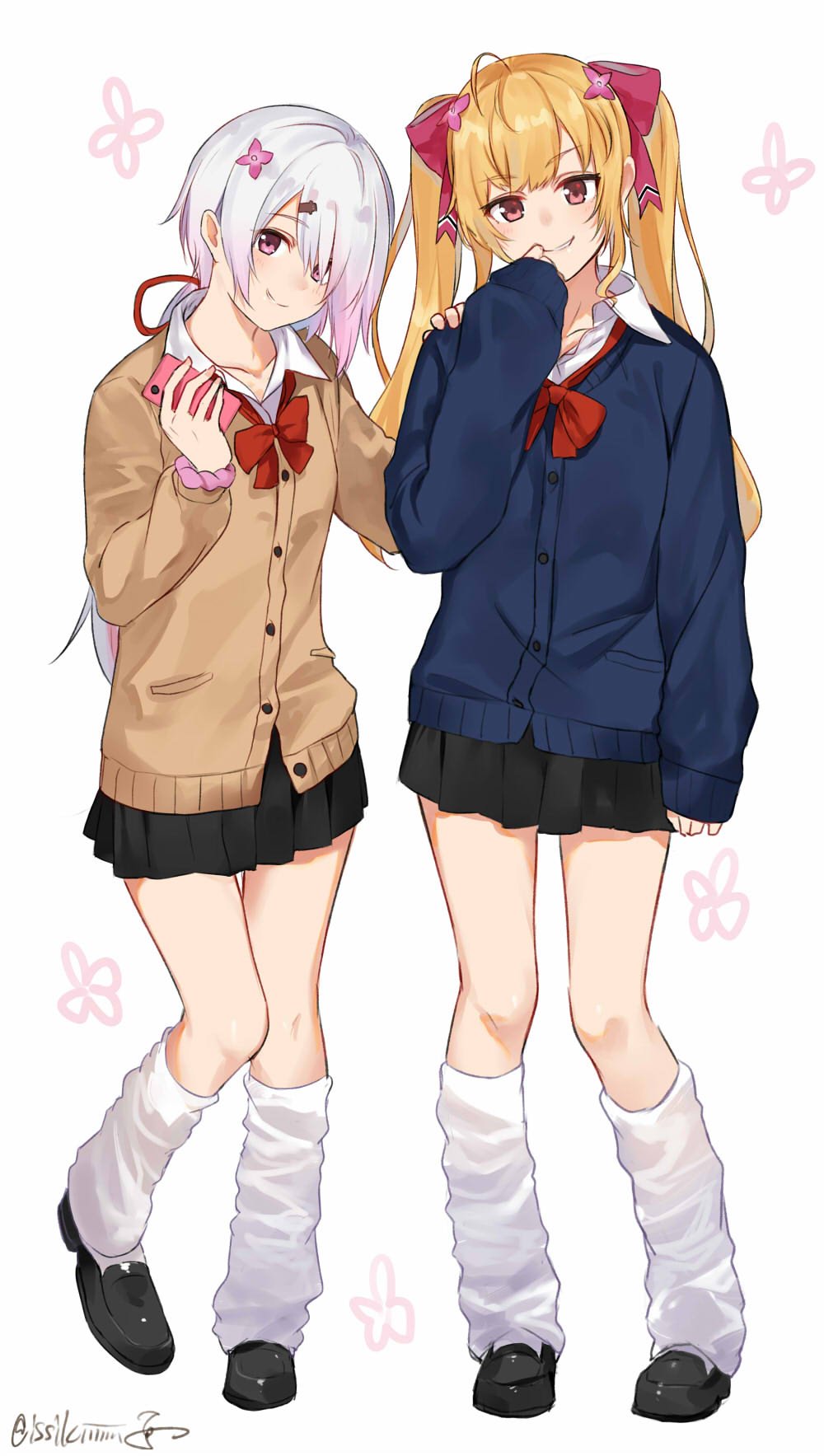 2girls ahoge alternate_costume arm_at_side arm_scrunchie bangs beige_cardigan black_footwear black_skirt blonde_hair blue_cardigan bow bowtie buttons cardigan cellphone collared_shirt covering_mouth flower full_body grin gyaru hair_flower hair_ornament hair_ribbon hairclip hand_on_another's_shoulder hand_over_own_mouth highres holding holding_cellphone holding_phone isshiki_(ffmania7) leg_warmers long_hair long_ponytail looking_at_viewer loose_bowtie low_ponytail miniskirt multicolored_hair multiple_girls nijisanji phone pink_eyes pink_hair pink_scrunchie pleated_skirt pocket ponytail red_neckwear red_ribbon ribbon school_uniform scrunchie shiina_yuika shirt signature simple_background skirt sleeves_past_wrists smartphone smartphone_case smile standing symbol_commentary takamiya_rion twintails twitter_username white_background white_hair white_shirt wing_collar