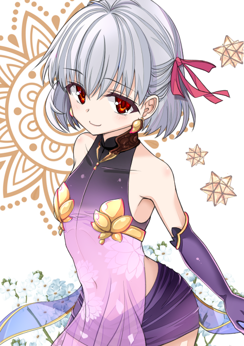 1girl bangs bare_shoulders blue_flower chize closed_mouth collarbone commentary_request covered_collarbone dress earrings elbow_gloves eyebrows_visible_through_hair fate/grand_order fate_(series) flower gloves grey_hair hair_between_eyes hair_ribbon jewelry kama_(fate/grand_order) navel purple_dress purple_gloves purple_skirt red_eyes red_ribbon ribbon see-through skirt sleeveless sleeveless_dress smile solo white_flower