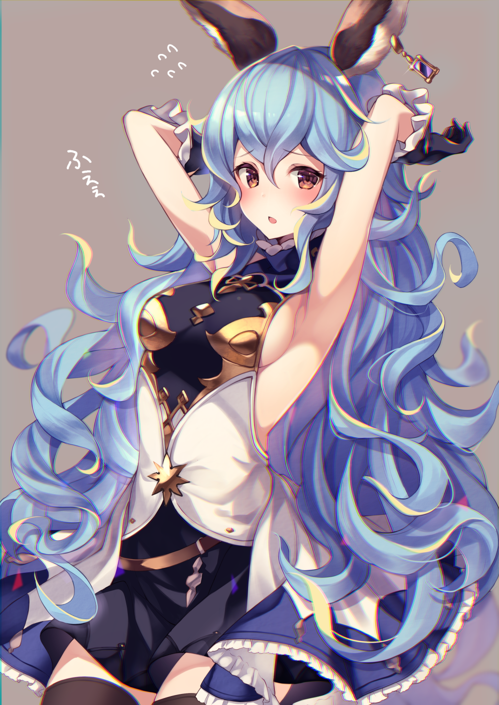 1girl animal_ears armpits backless_outfit belt black_gloves blue_hair blue_skirt blush breasts brown_gloves cape earrings erune ferry_(granblue_fantasy) gloves granblue_fantasy highres homaderi hoop_earrings jewelry long_hair loose_belt rabbit_ears sideboob simple_background single_earring skirt small_breasts solo wavy_hair whip yellow_eyes