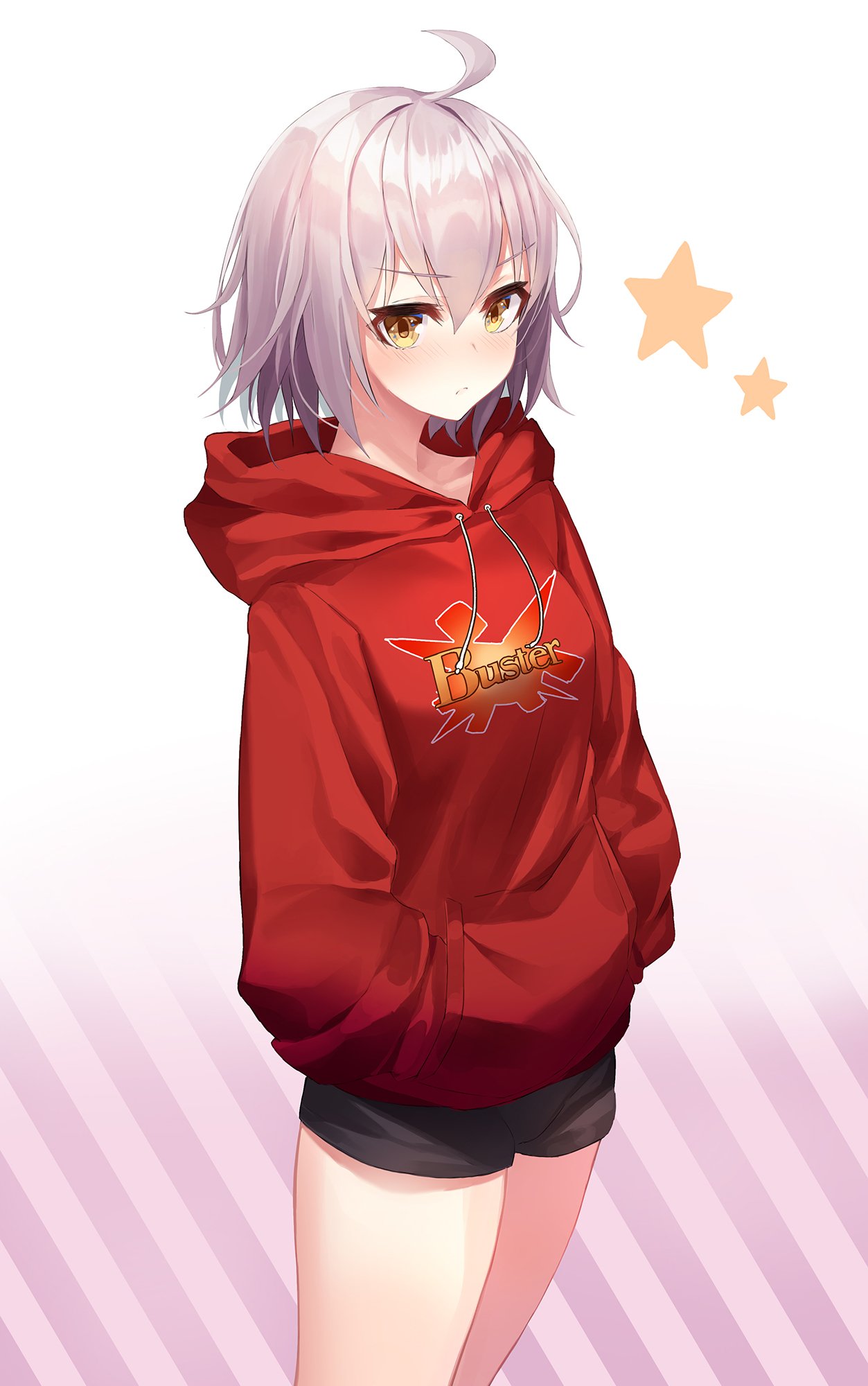 1girl ahoge black_shorts brown_eyes closed_mouth clothes_writing cowboy_shot drawstring fate/grand_order fate_(series) frown gradient gradient_background hands_in_pockets highres hood hood_down jeanne_d'arc_(alter)_(fate) jeanne_d'arc_(fate)_(all) long_sleeves looking_at_viewer minin982 red_hoodie short_hair short_shorts shorts silver_hair solo standing star striped striped_background thighs v-shaped_eyebrows