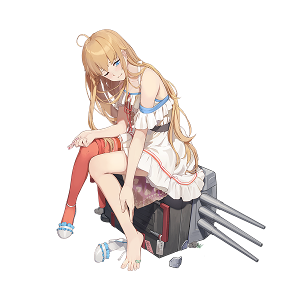 1girl 3; ahoge bandaid barefoot blue_eyes dress feet full_body high_heels light_brown_hair long_hair northampton_(warship_girls_r) official_art one_eye_closed red_legwear rolling_suitcase shoe_removed shoes shoes_removed shuang_ye sidelocks single_shoe single_thighhigh sitting solo thigh-highs toes transparent_background turret warship_girls_r white_dress