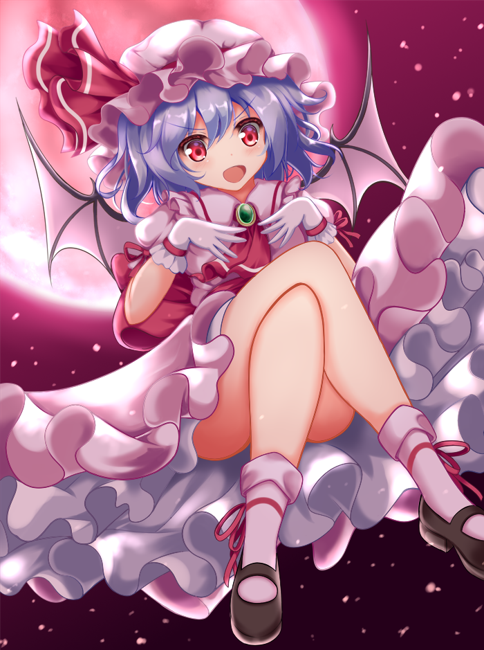 1girl :d bat_wings black_footwear blue_hair blush bow brooch convenient_leg cravat dress eyebrows_visible_through_hair floating frilled_skirt frills full_moon gloves hair_between_eyes hands_on_own_chest hat hat_ribbon jewelry legs_crossed looking_at_viewer mary_janes mob_cap moon night night_sky open_mouth outdoors petticoat pink_dress pink_headwear pink_legwear puffy_short_sleeves puffy_sleeves red_bow red_eyes red_moon red_neckwear red_sky remilia_scarlet ribbon shoes short_hair short_sleeves skirt sky smile solo star_(sky) starry_sky touhou unory white_gloves wings
