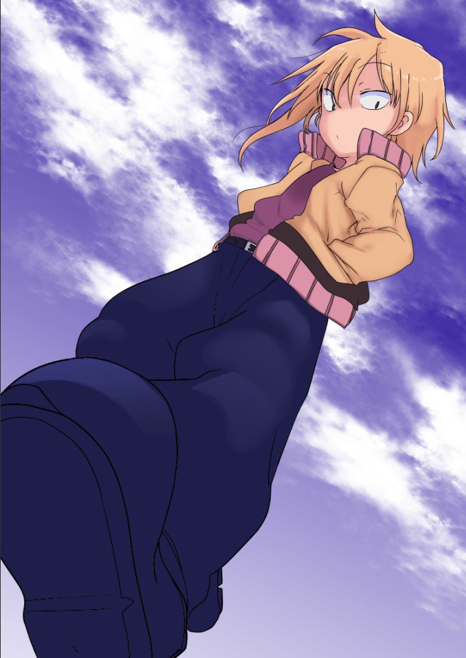 bangs belt blue_footwear blue_pants blue_sky character_counter_request clouds cloudy_sky commentary_request cool-kyou_shinja copyright_request day eyebrows_visible_through_hair from_below hands_in_pockets long_sleeves looking_at_viewer looking_down pants raised_eyebrows sanpaku shoe_soles sketch_eyebrows sky solo