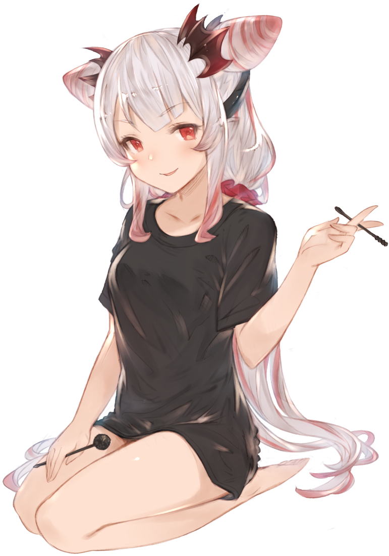 1girl bare_legs barefoot black_shirt blush breasts collarbone full_body hair_ornament hanarito hand_up holding honey_strap long_hair looking_at_viewer medium_breasts mimikaki multicolored_hair parted_lips pink_hair pointy_ears red_eyes seiza shirt short_sleeves sidelocks silver_hair simple_background sitting smile solo suou_patra thighs two-tone_hair very_long_hair virtual_youtuber white_background