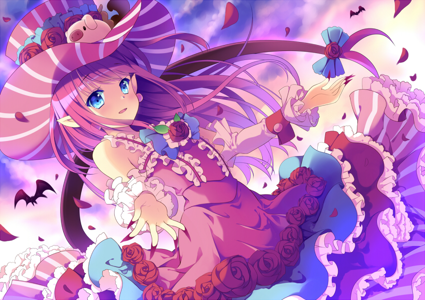 1girl bat blue_dress blue_eyes commentary_request day detached_sleeves dress elizabeth_bathory_(fate) elizabeth_bathory_(fate)_(all) eyebrows_visible_through_hair fate/extra fate/extra_ccc fate/grand_order fate_(series) fingernails flower frills hat hoshino_koucha large_hat long_hair looking_at_viewer multicolored multicolored_clothes multicolored_dress nail_polish outdoors pig pink_dress pink_hair pink_headwear pink_sleeves pointy_ears red_flower red_nails red_rose rose sharp_fingernails sleeveless sleeveless_dress solo stuffed_animal stuffed_toy tail wrist_cuffs