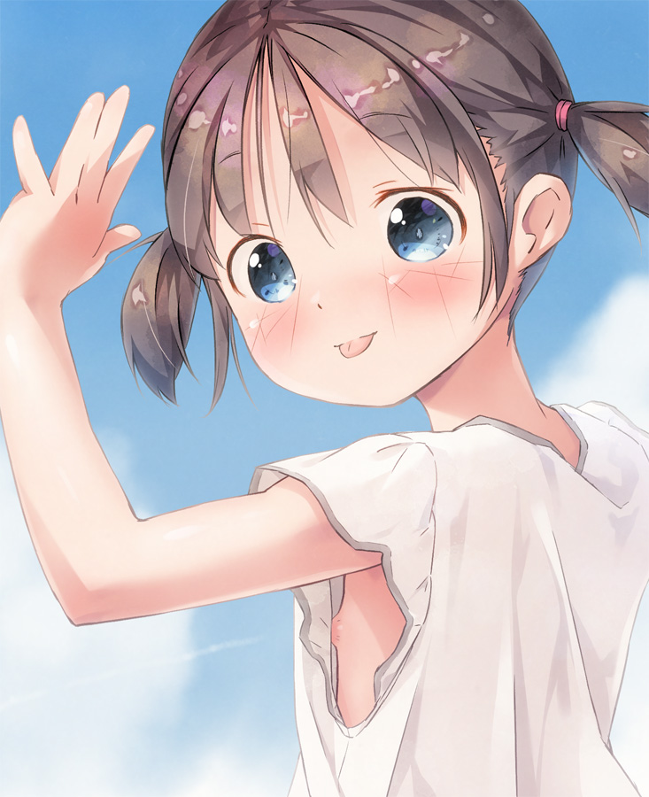 1girl :p arm_up bangs blue_eyes blue_sky blush brown_hair closed_mouth clouds commentary_request day eyebrows_visible_through_hair hair_between_eyes looking_at_viewer looking_to_the_side original outdoors pu-en shirt short_sleeves short_twintails sky smile solo tongue tongue_out twintails upper_body white_shirt